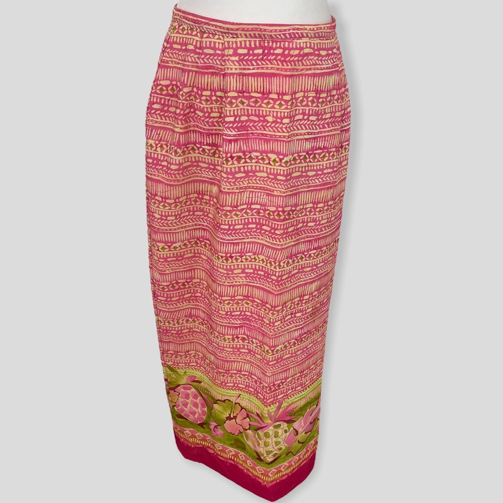 Vintage Pink Green Floral Pineapple Skirt with Slit